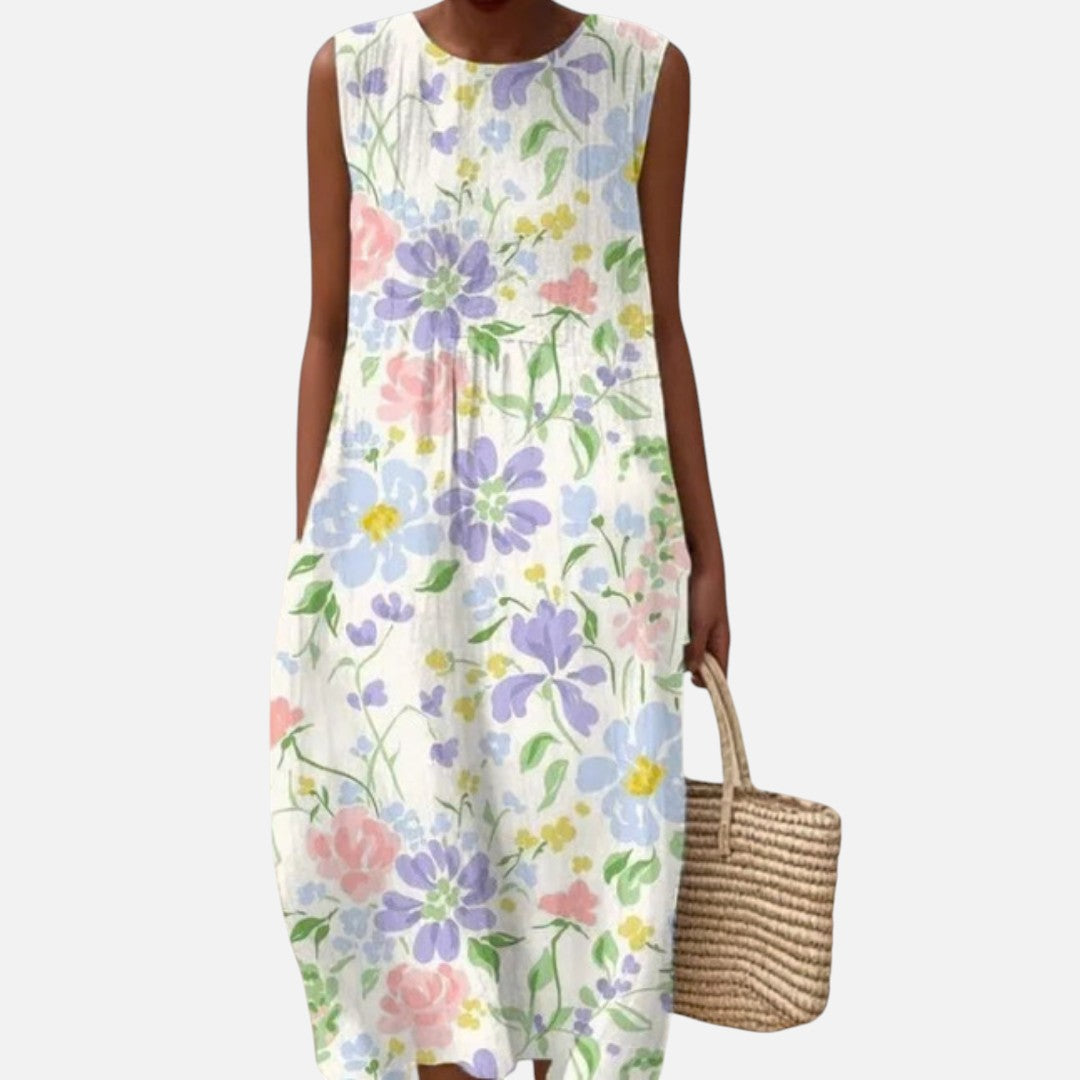 Julia | Mouwloze midi-jurk met tuinbloemen