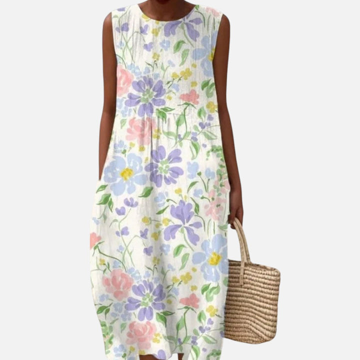 Julia | Mouwloze midi-jurk met tuinbloemen