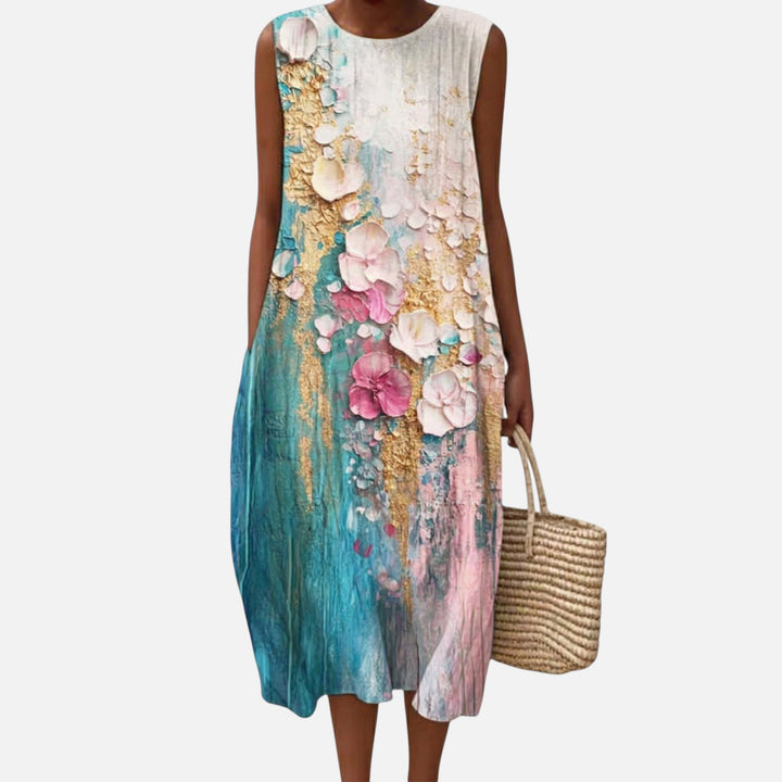 Ilse | Mouwloze midi-jurk met geschilderde bloemen