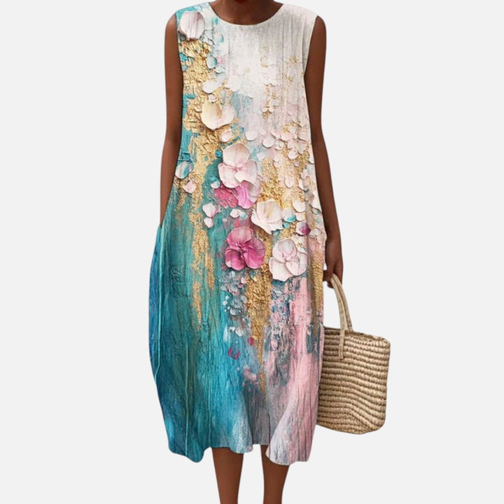 Yvonne | Mouwloze midi-jurk met geschilderde bloemen