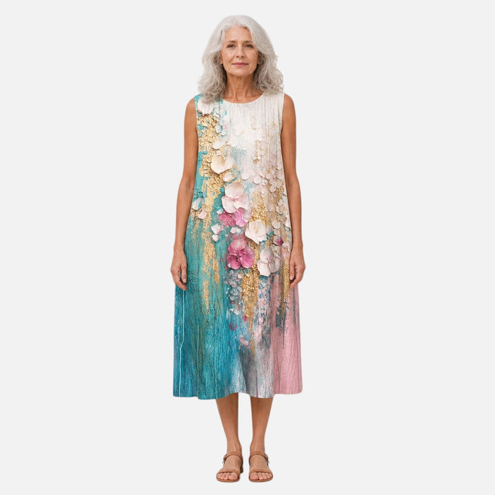 Yvonne | Mouwloze midi-jurk met geschilderde bloemen