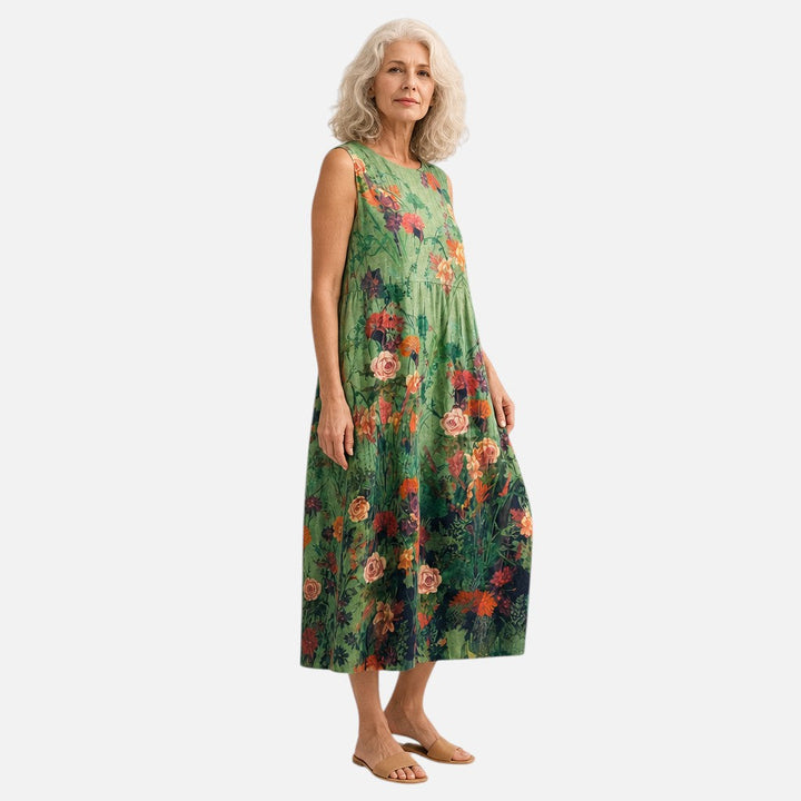 Maud | Mouwloze midi-jurk met rozen op donkergroen