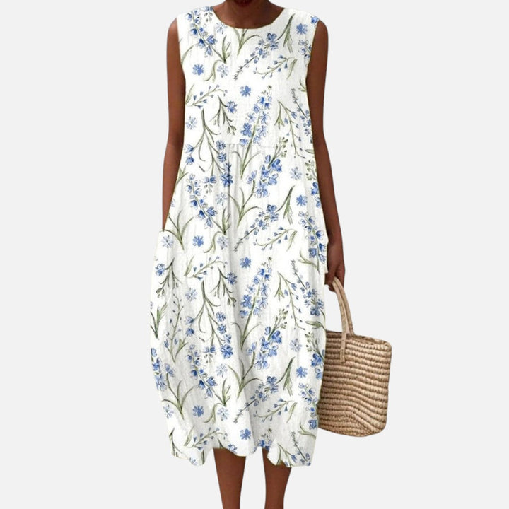 Patricia | Mouwloze midi-jurk met blauwe veldbloemen