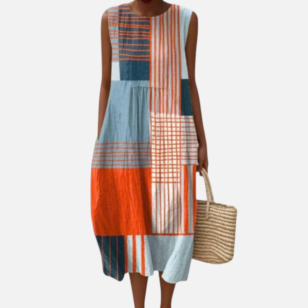 Leonie | Mouwloze midi-jurk met strepen en ruiten in oranje en blauw