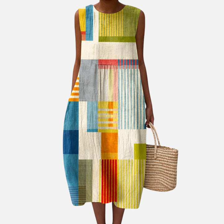 Esther | Mouwloze midi-jurk met kleurrijke vlakken