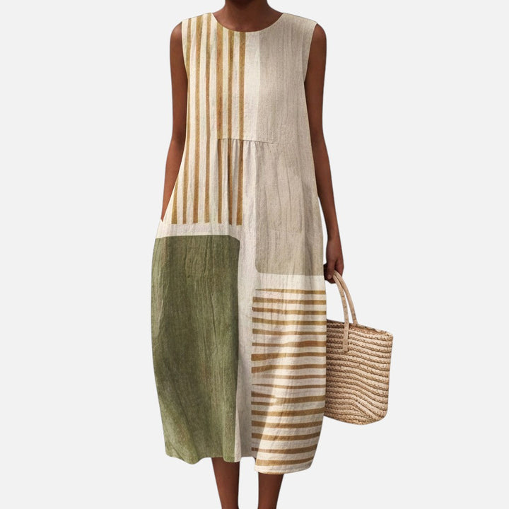 Lisanne | Mouwloze midi-jurk in olijf, beige en goud
