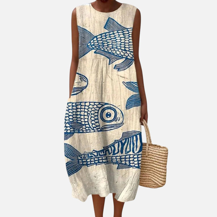 Floor | Mouwloze midi-jurk met blauwe vissen