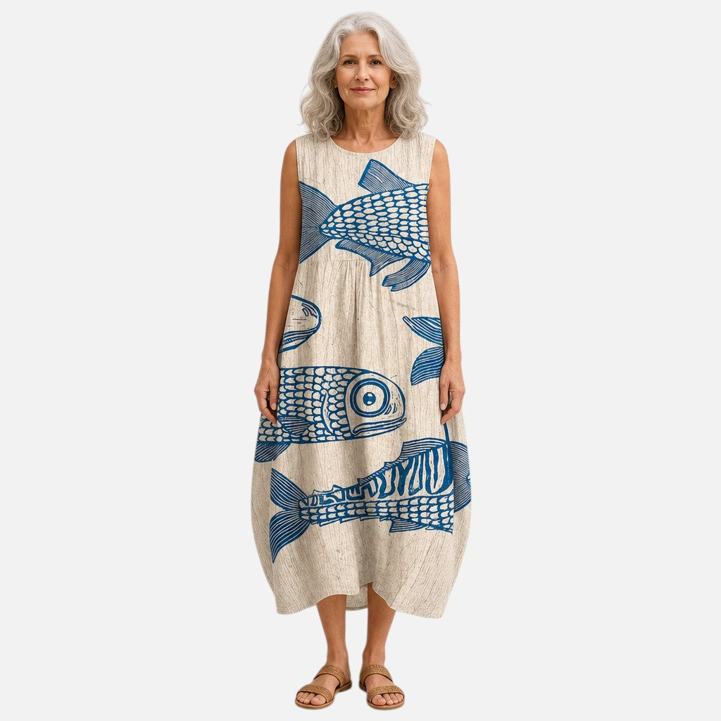 Floor | Mouwloze midi-jurk met blauwe vissen