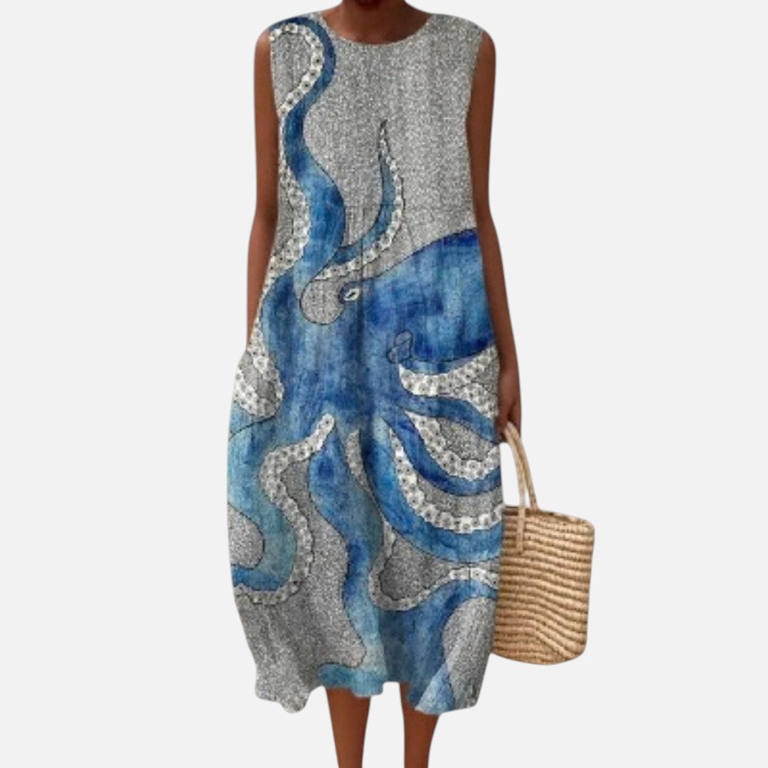 Gerda | Mouwloze midi-jurk met geschilderde octopus op grijs