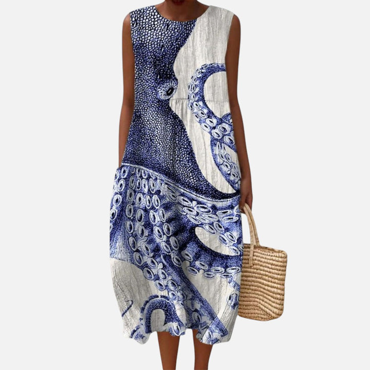 Anneke | Mouwloze midi-jurk met octopusprint