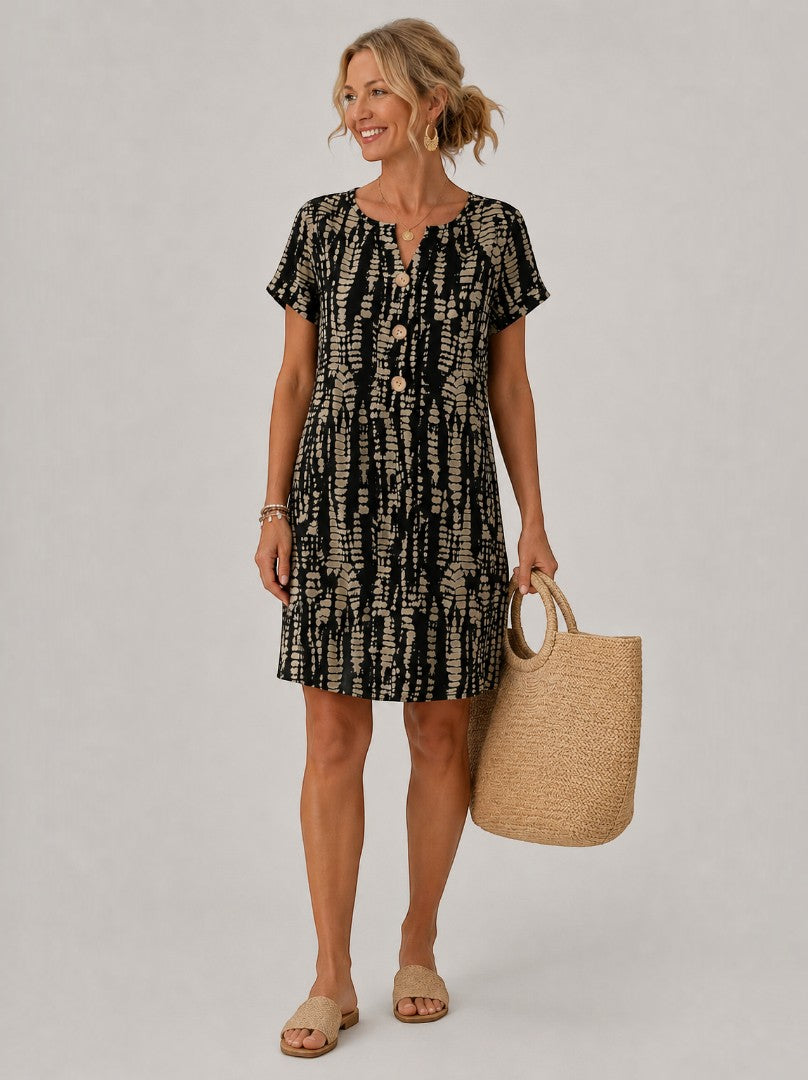 Ellis | Zomerjurk met Grafische Print in Zwart