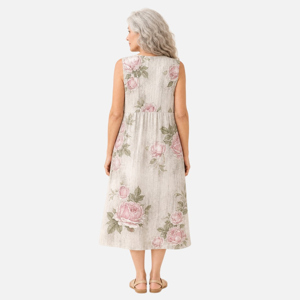 Noor | Mouwloze midi-jurk met oudroze rozen op crème