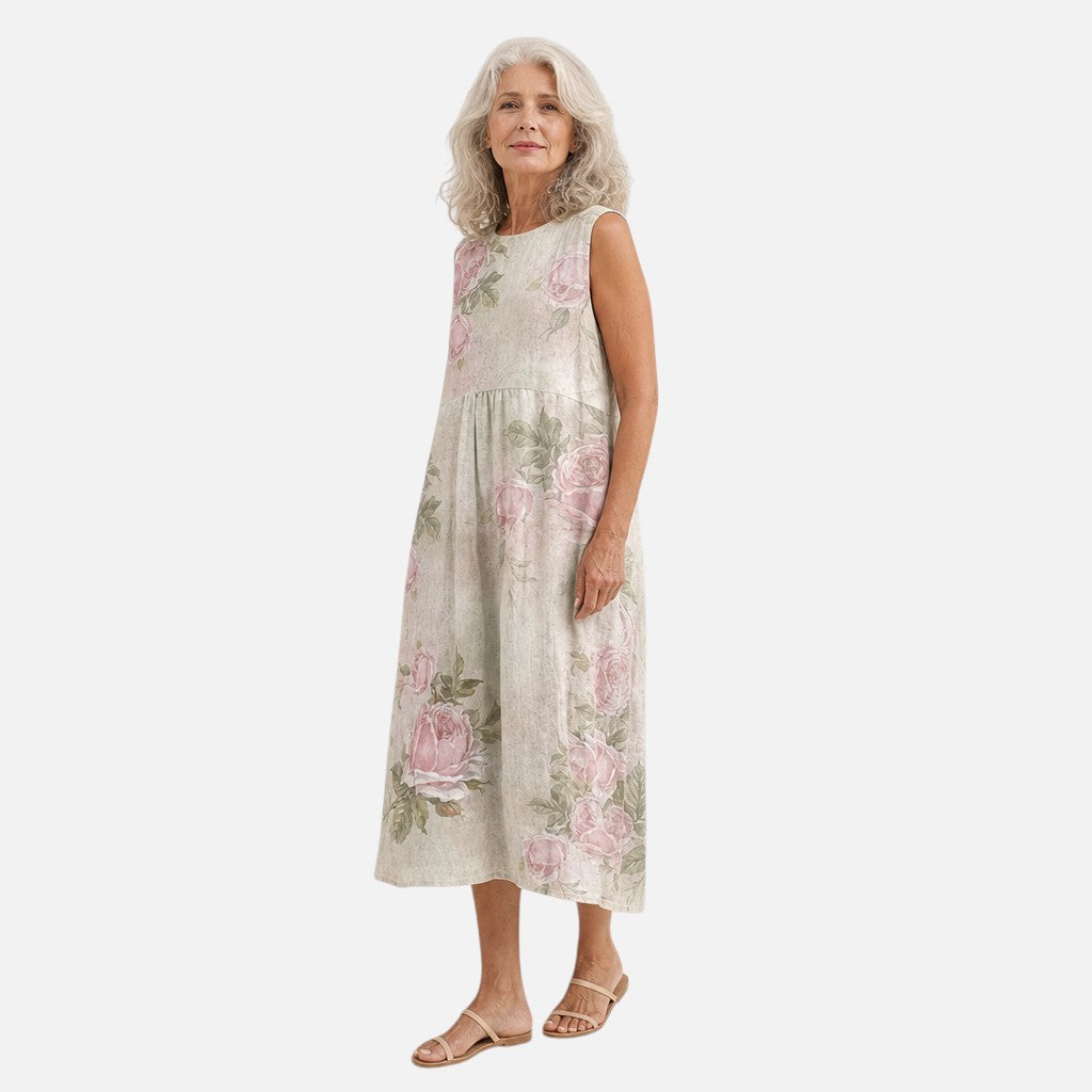 Noor | Mouwloze midi-jurk met oudroze rozen op crème