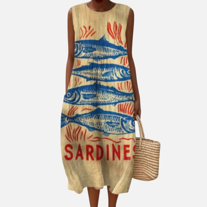Sylvia | Mouwloze midi-jurk met sardineprint