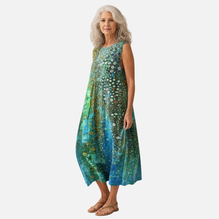 Annelies | Mouwloze midi-jurk met cirkelprint in groen
