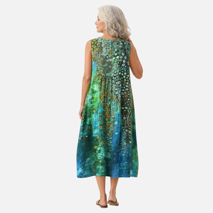 Annelies | Mouwloze midi-jurk met cirkelprint in groen