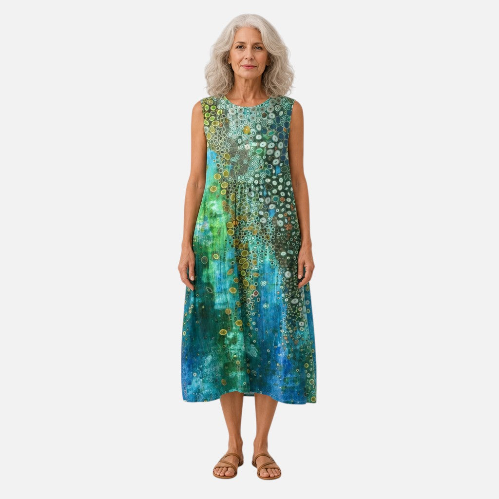 Annelies | Mouwloze midi-jurk met cirkelprint in groen