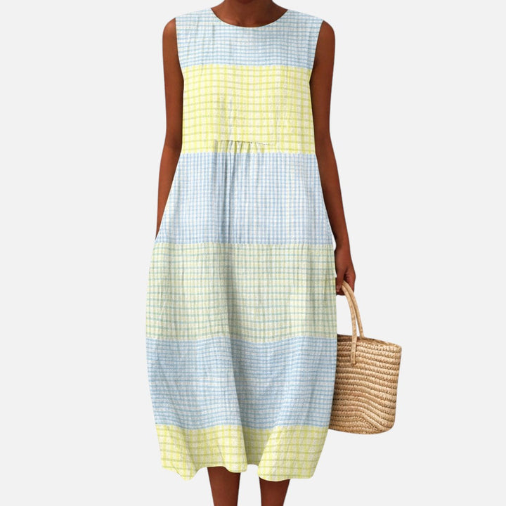 Elske | Mouwloze midi-jurk met ruiten in geel en blauw