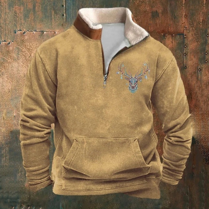 Olivier | Olijfgroene sweater met hertenmotief en halve rits